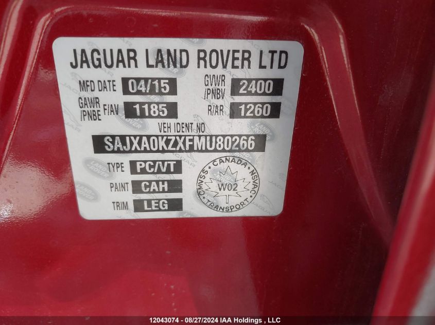 2015 Jaguar Xf VIN: SAJXA0KZXFMU80266 Lot: 12043074