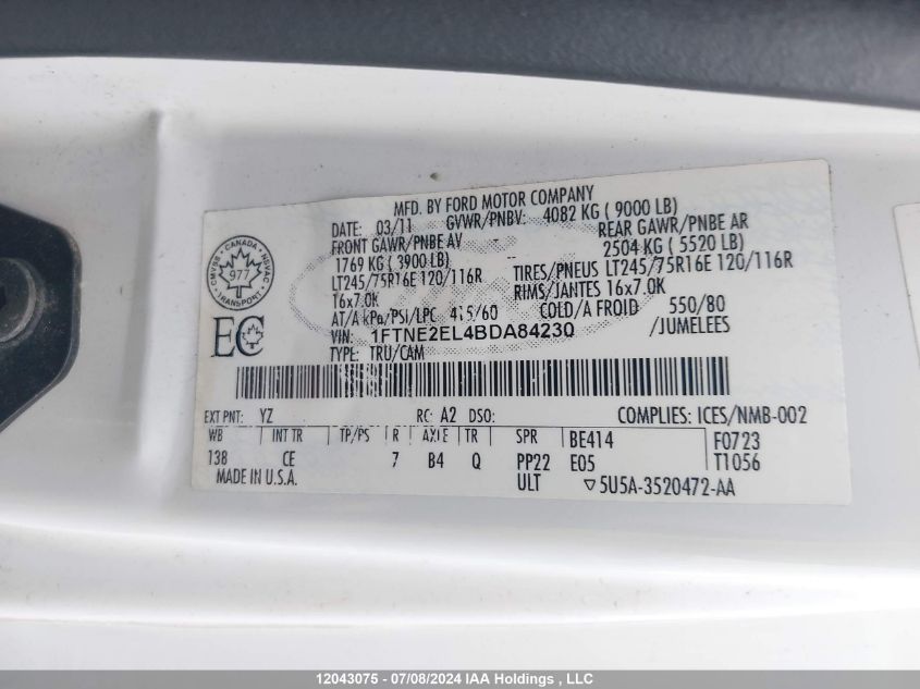 2011 Ford Econoline E250 Van VIN: 1FTNE2EL4BDA84230 Lot: 12043075