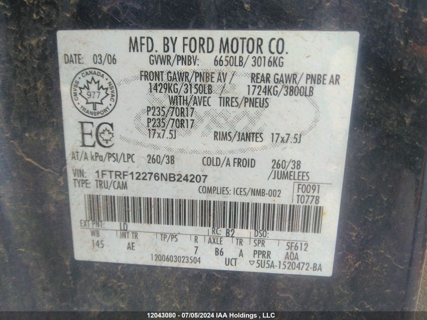 2006 Ford F150 VIN: 1FTRF12276NB24207 Lot: 12043080