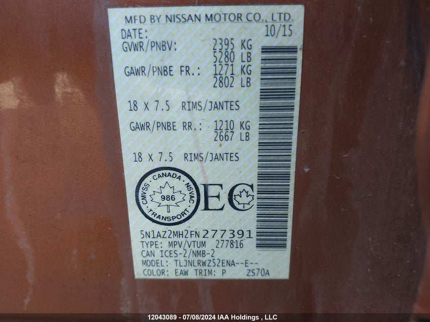 2015 Nissan Murano VIN: 5N1AZ2MH2FN277391 Lot: 12043089