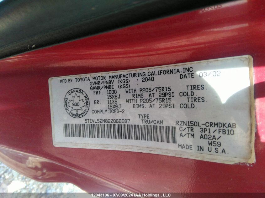 2002 Toyota Tacoma Xtracab VIN: 5TEVL52N82Z066687 Lot: 12043106