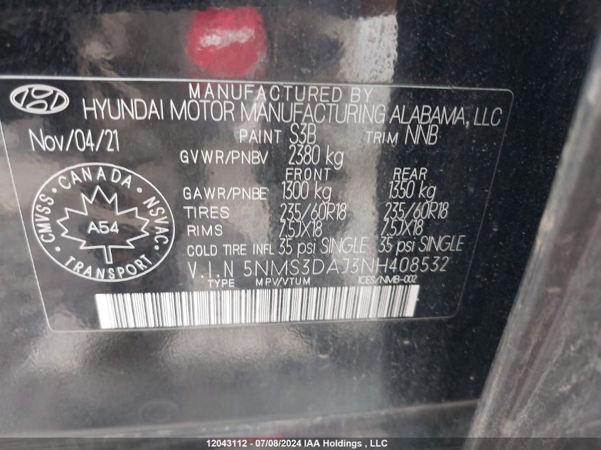 2022 Hyundai Santa Fe Sel VIN: 5NMS3DAJ3NH408532 Lot: 12043112