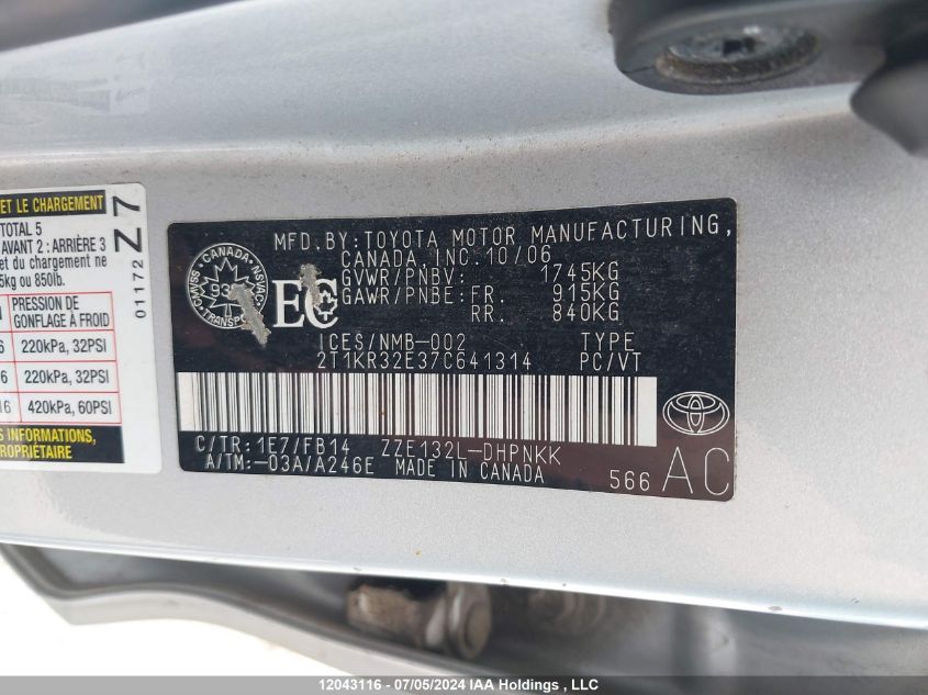 2007 Toyota Matrix Xr VIN: 2T1KR32E37C641314 Lot: 12043116