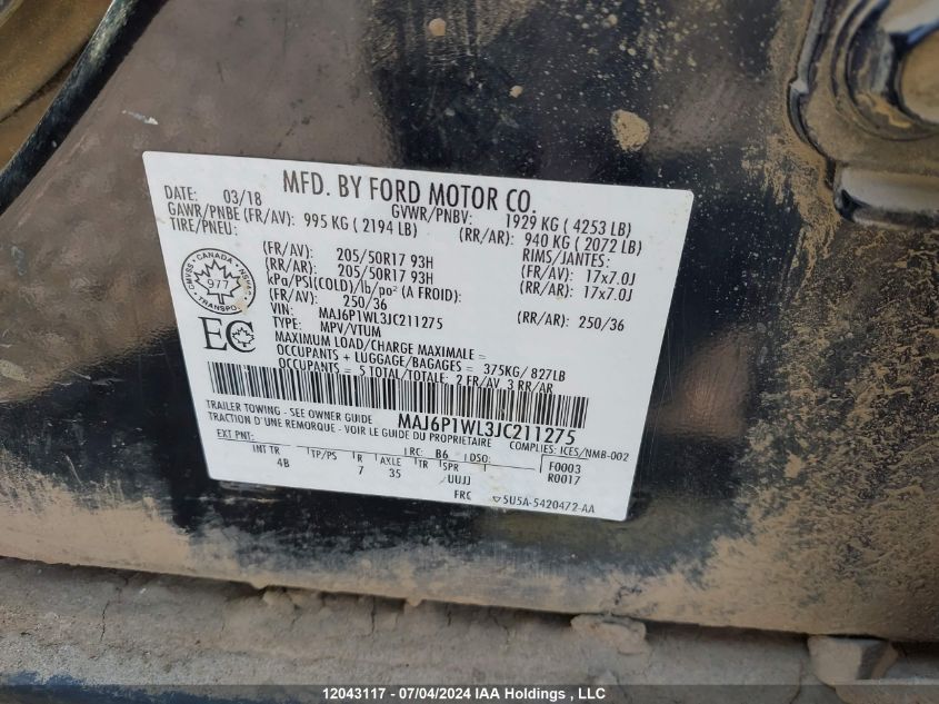 2018 Ford Ecosport Titanium VIN: MAJ6P1WL3JC211275 Lot: 12043117