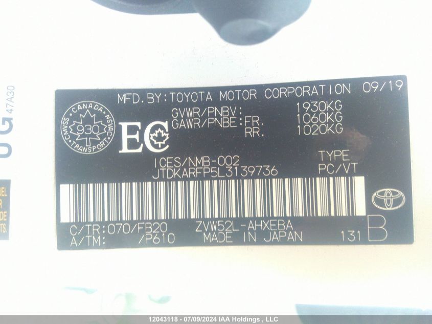 2020 Toyota Prius VIN: JTDKARFP5L3139736 Lot: 12043118