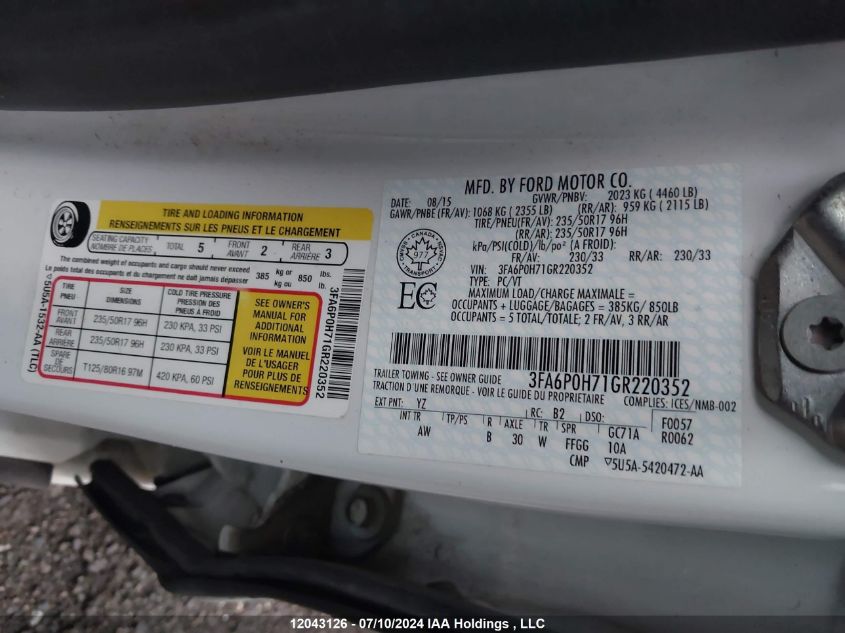 2016 Ford Fusion Se VIN: 3FA6P0H71GR220352 Lot: 12043126