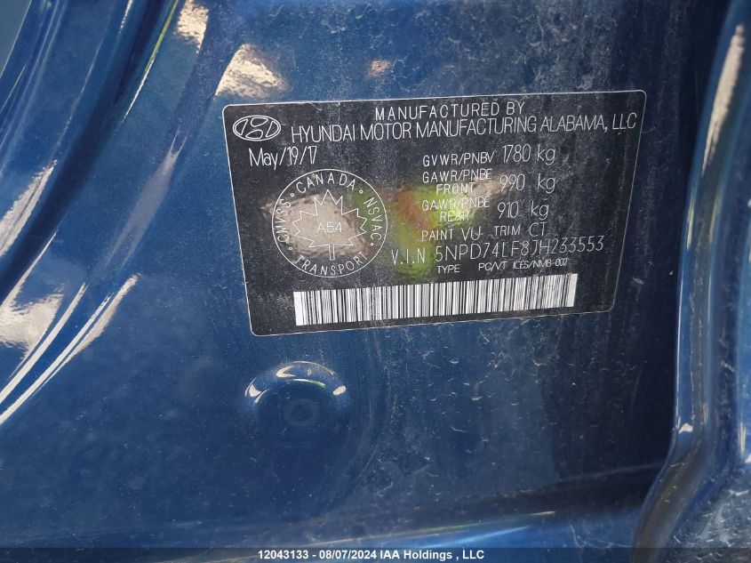 2018 Hyundai Elantra VIN: 5NPD74LF8JH233553 Lot: 12043133