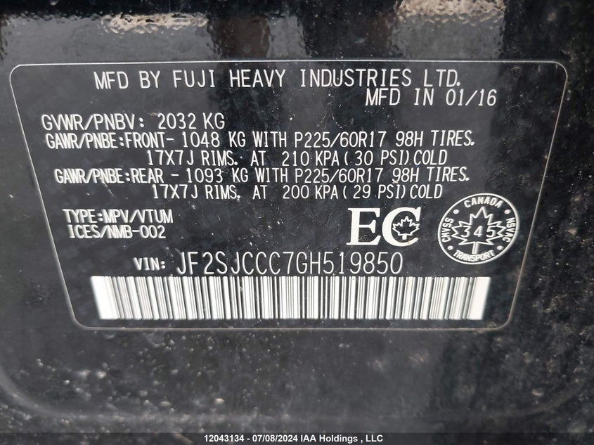 2016 Subaru Forester VIN: JF2SJCCC7GH519850 Lot: 12043134