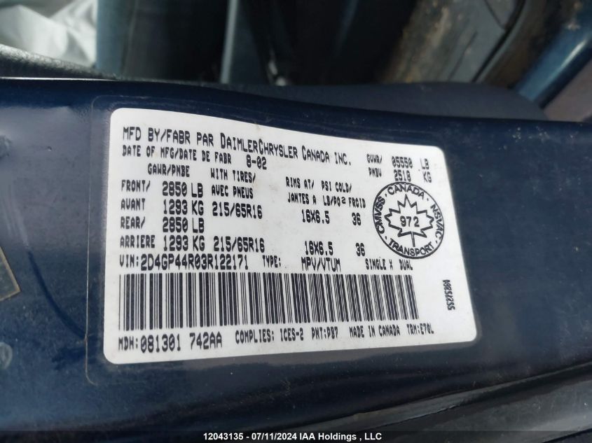 2003 Dodge Grand Caravan VIN: 2D4GP44R03R122171 Lot: 12043135