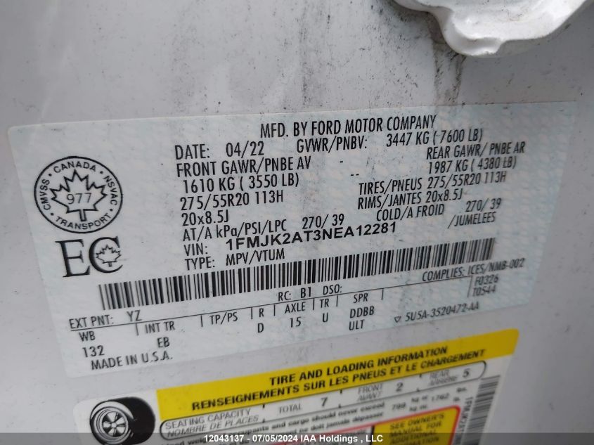 2022 Ford Expedition Max Limited VIN: 1FMJK2AT3NEA12281 Lot: 12043137