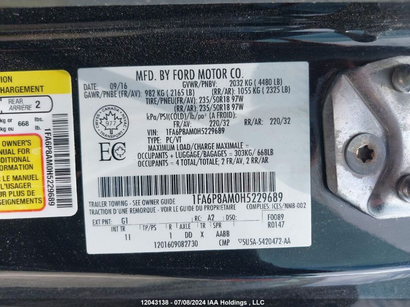 2017 Ford Mustang V6 VIN: 1FA6P8AM0H5229689 Lot: 12043138