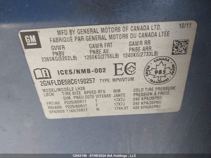 2012 Chevrolet Equinox VIN: 2GNFLDE58C6190257 Lot: 12043149