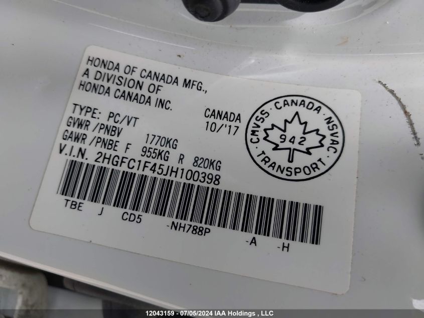 2018 Honda Civic Sedan VIN: 2HGFC1F45JH100398 Lot: 12043159