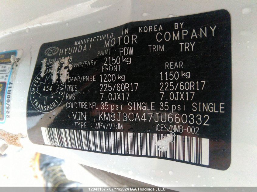 2018 Hyundai Tucson Limited/Sport And Eco/Se VIN: KM8J3CA47JU660332 Lot: 12043167