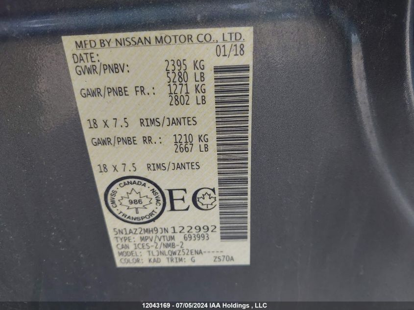 2018 Nissan Murano VIN: 5N1AZ2MH9JN122992 Lot: 12043169