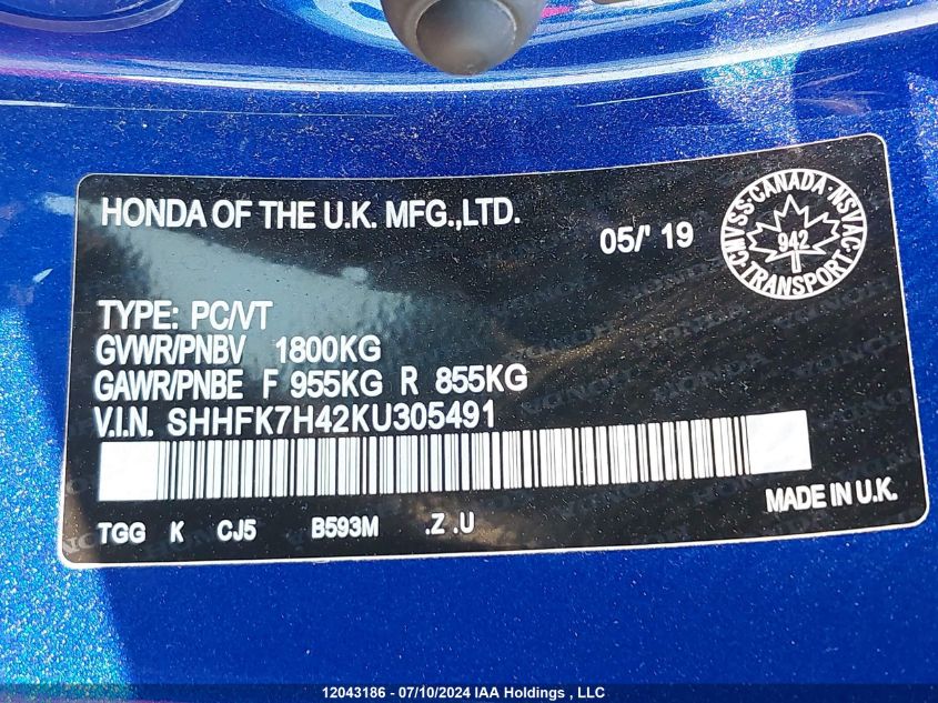 2019 Honda Civic Hatchback VIN: SHHFK7H42KU305491 Lot: 12043186