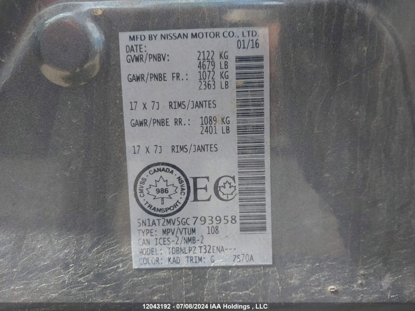 2016 Nissan Rogue VIN: 5N1AT2MV5GC793958 Lot: 12043192