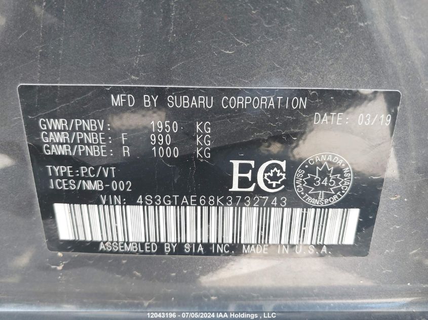 2019 Subaru Impreza VIN: 4S3GTAE68K3732743 Lot: 12043196