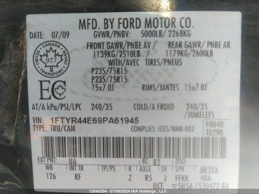 2009 Ford Ranger Super Cab VIN: 1FTYR44E69PA61945 Lot: 12043204