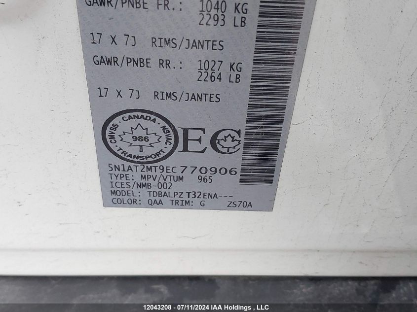 2014 Nissan Rogue VIN: 5N1AT2MT9EC770906 Lot: 12043208