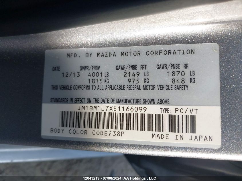 2014 Mazda Mazda3 VIN: JM1BM1L7XE1166099 Lot: 12043219