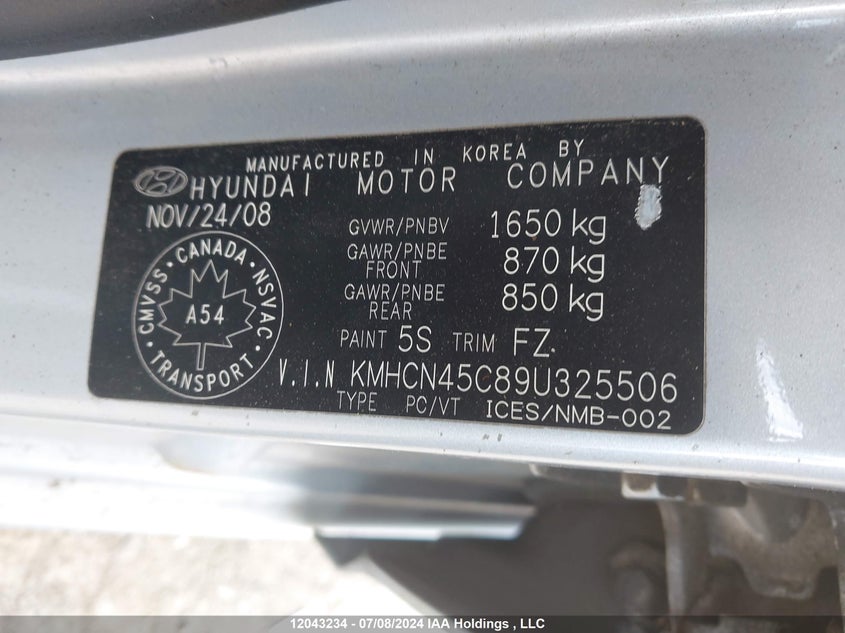 2009 Hyundai Accent VIN: KMHCN45C89U325506 Lot: 12043234