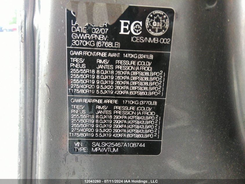 2007 Land Rover Range Rover Sport VIN: SALSK25467A108744 Lot: 12043260