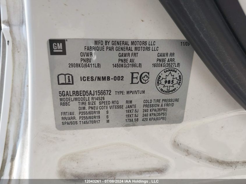 2010 Buick Enclave VIN: 5GALRBED5AJ156672 Lot: 12043261