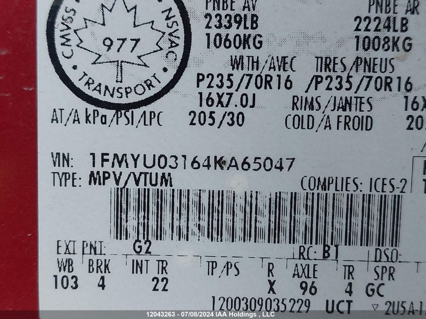 2004 Ford Escape Xlt VIN: 1FMYU03164KA65047 Lot: 12043263