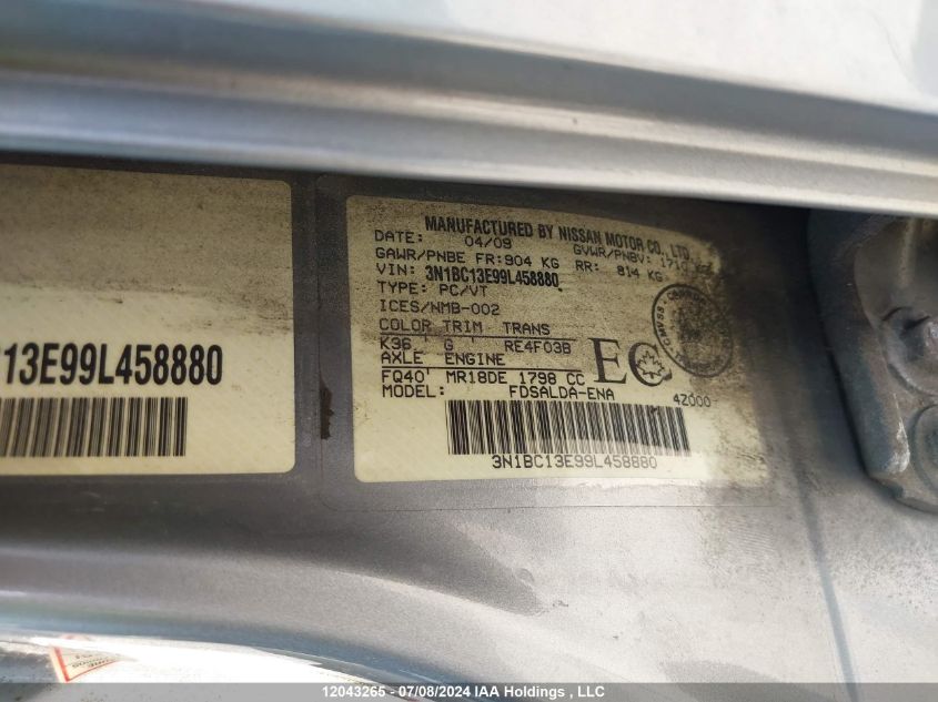 2009 Nissan Versa VIN: 3N1BC13E99L458880 Lot: 12043265