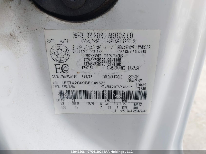 2011 Ford F250 Super Duty VIN: 1FT7X2B60BEC49573 Lot: 12043266