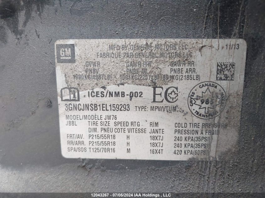 2014 Chevrolet Trax VIN: 3GNCJNSB1EL159293 Lot: 12043267