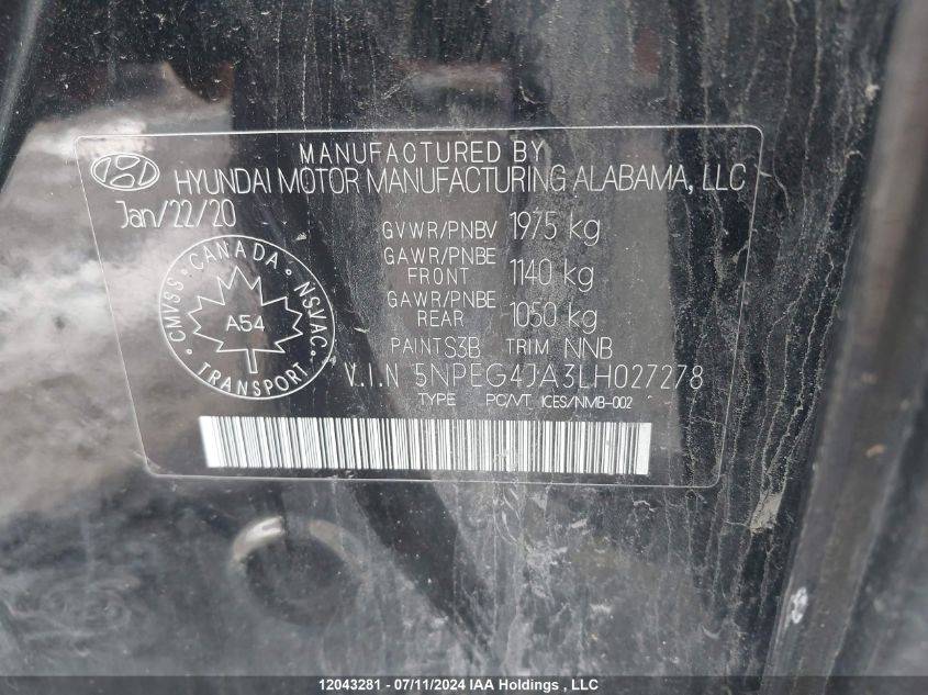 2020 Hyundai Sonata Se VIN: 5NPEG4JA3LH027278 Lot: 12043281