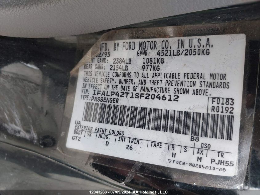 1995 Ford Mustang Gt/Gts VIN: 1FALP42T1SF204612 Lot: 12043283