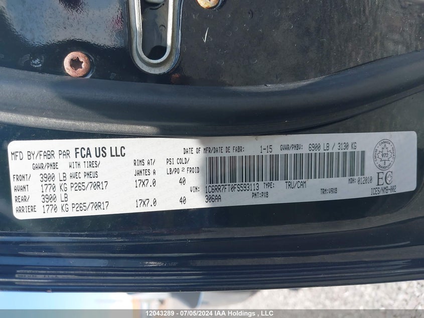 2015 Ram 1500 St VIN: 1C6RR7FT0FS593113 Lot: 12043289