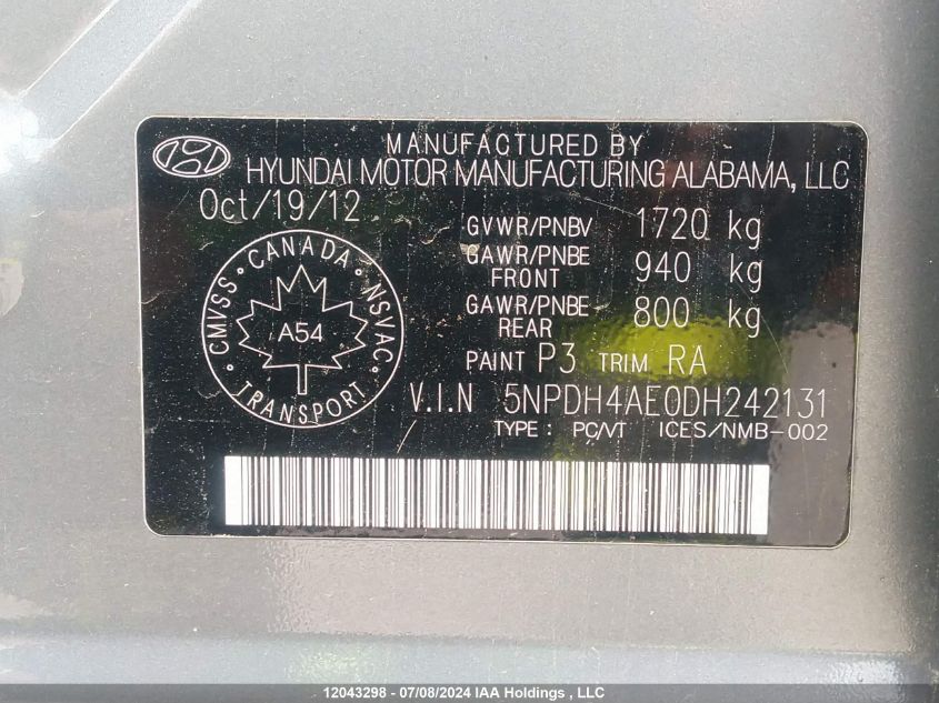 2013 Hyundai Elantra Gls/Limited VIN: 5NPDH4AE0DH242131 Lot: 12043298