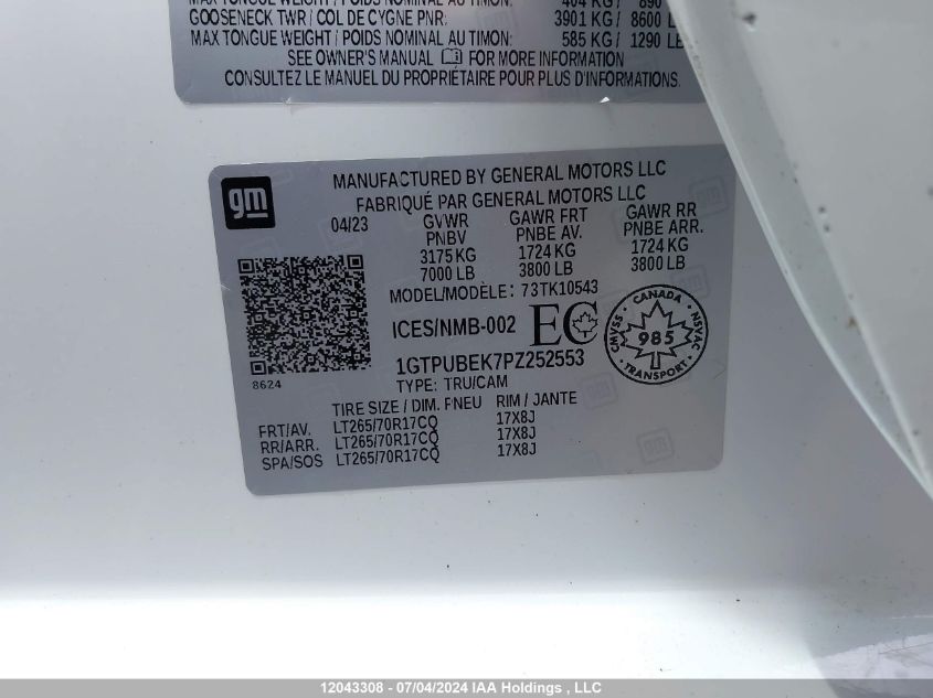 2023 GMC Sierra K1500 Sle VIN: 1GTPUBEK7PZ252553 Lot: 12043308