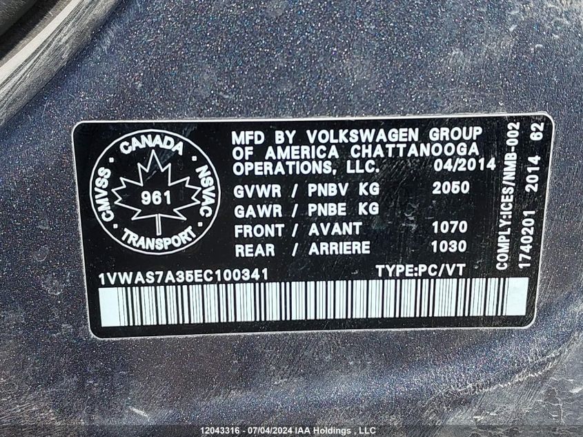 2014 Volkswagen Passat VIN: 1VWAS7A35EC100341 Lot: 12043316