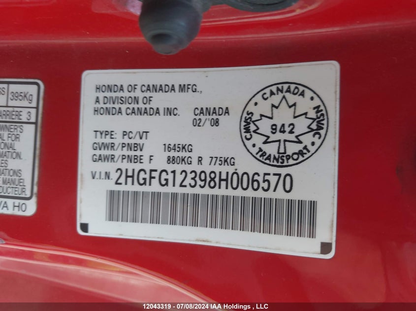 2008 Honda Civic Dx-G VIN: 2HGFG12398H006570 Lot: 12043319
