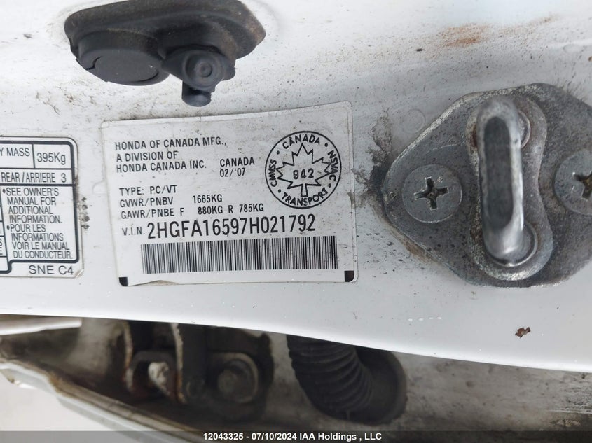 2007 Honda Civic VIN: 2HGFA16597H021792 Lot: 12043325