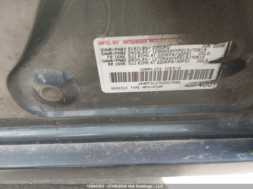 2008 Mitsubishi Outlander VIN: JA4MT31X78Z607066 Lot: 12043353