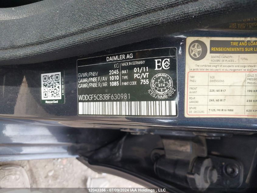 2011 Mercedes-Benz C-Class VIN: WDDGF5CB3BF630981 Lot: 12043356