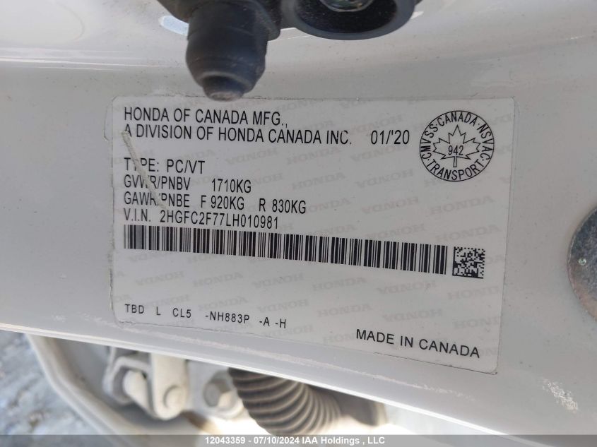 2020 Honda Civic VIN: 2HGFC2F77LH010981 Lot: 12043359