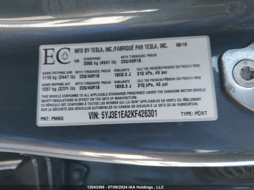 5YJ3E1EA2KF426301 2019 Tesla Model 3