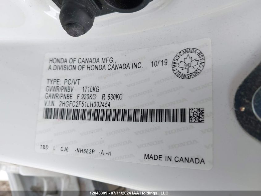 2020 Honda Civic Sedan VIN: 2HGFC2F51LH002454 Lot: 12043389