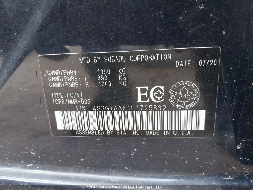 2020 Subaru Impreza VIN: 4S3GTAA61L1725832 Lot: 12043394