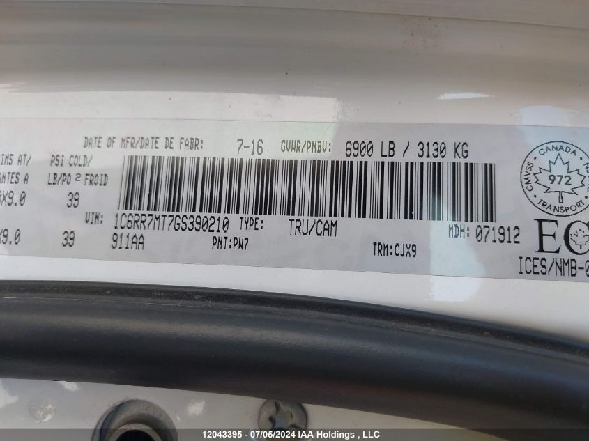 2016 Ram 1500 Sport VIN: 1C6RR7MT7GS390210 Lot: 12043395