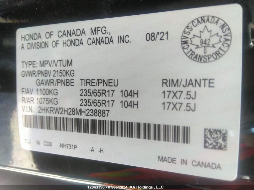 2021 Honda Cr-V Lx VIN: 2HKRW2H28MH238887 Lot: 12043396