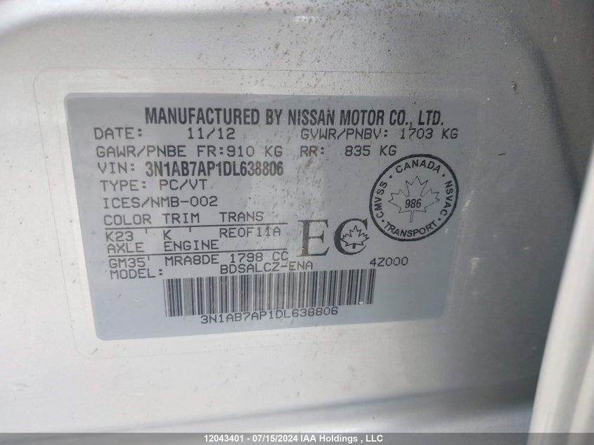 2013 Nissan Sentra VIN: 3N1AB7AP1DL638806 Lot: 12043401