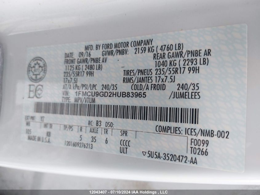 2017 Ford Escape Se VIN: 1FMCU9GD2HUB83965 Lot: 12043407
